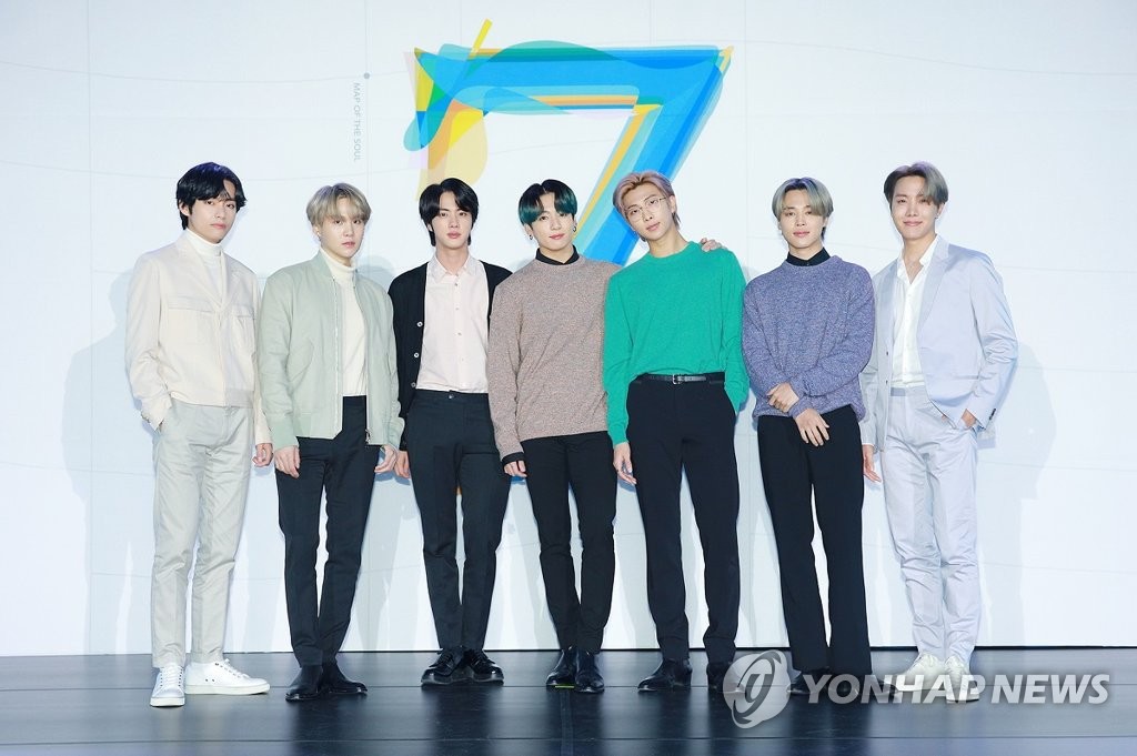 Members of BTS pose at a media showcase for its album 'Map of the Soul: 7' released in February, in this photo provided by SM Entertainment. (PHOTO NOT FOR SALE) (Yonhap)