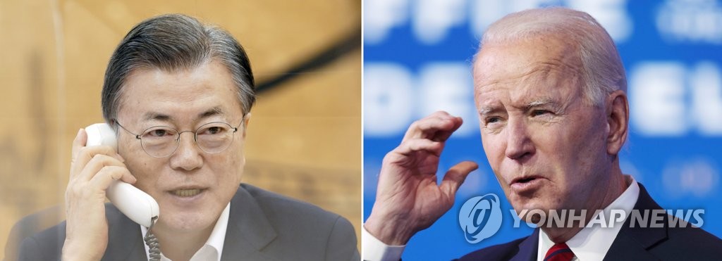 South Korean President Moon Jae-in (L) in a photo provided by Cheong Wa Dae and U.S. President Joe Biden in an AFP file photo (PHOTO NOT FOR SALE) (Yonhap)