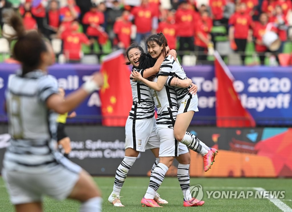 South Korean players celebrate a goal against China during the teams' Olympic women's football qualifying match at Suzhou Olympic Sports Centre in Suzhou, China, on April 13, 2021, in this photo provided by the Korea Football Association. (PHOTO NOT FOR SALE) (Yonhap)