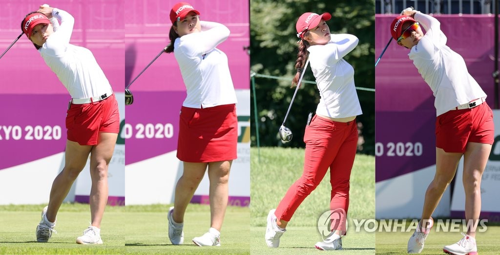 South Korean golfers are shown in action during the second round of the Tokyo Olympic women's golf tournament at Kasumigaseki Country Club in Saitama, Japan, on Aug. 5, 2021. From left: Ko Jin-young, Park In-bee, Kim Sei-young and Kim Hyo-joo. (Yonhap)