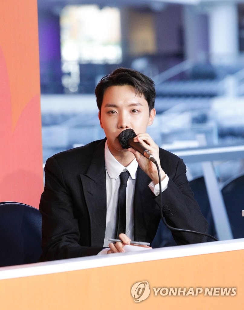 BTS' J-Hope speaks during a press conference before a live concert of the band at SoFi Stadium in Los Angeles on Nov. 28, 2021, in this file photo provided by Big Hit Music. (PHOTO NOT FOR SALE) (Yonhap) 