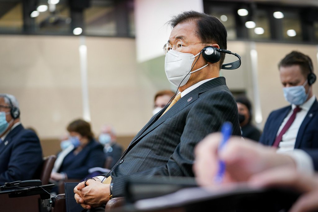 South Korean Foreign Minister Chung Eui-yong attends a session of Indo Pacific Ministerial Forum 2022 held in Paris, France on Feb. 22, 20222, in this photo provided by his office. (PHOTO NOT FOR SALE) (Yonhap) 