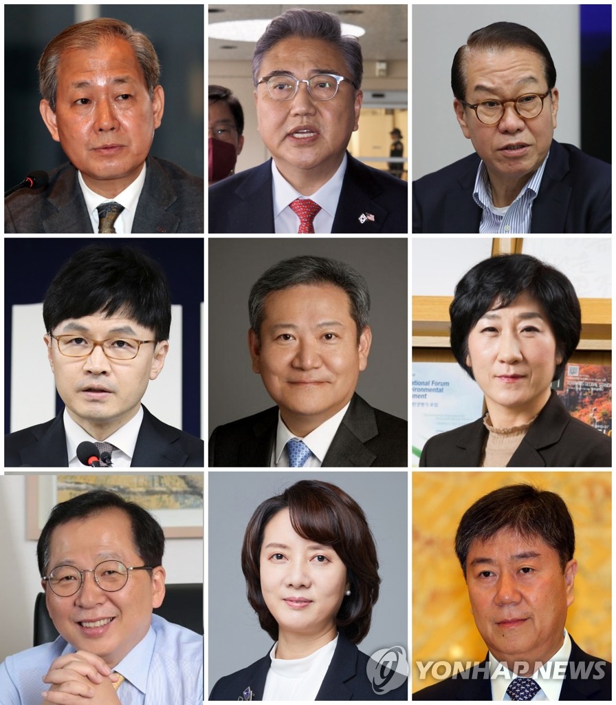 This combined file photo shows eight minister nominees and the presidential chief of staff whom President-elect Yoon Suk-yeol announced on April 13, 2022 -- (clockwise from L in top two rows) Education Minister nominee Kim In-chul, Foreign Minister nominee Park Jin, Unification Minister nominee Kwon Young-se, Environment Minister nominee Han Wha-jin, Interior and Safety Minister nominee Lee Sang-min and Justice Minister nominee Han Dong-hoon. The bottom row (from L) shows Oceans and Fisheries Minister nominee Cho Seung-hwan, SMEs and Startups Minister nominee Lee Young and presidential chief of staff Kim Dae-ki. (Yonhap)