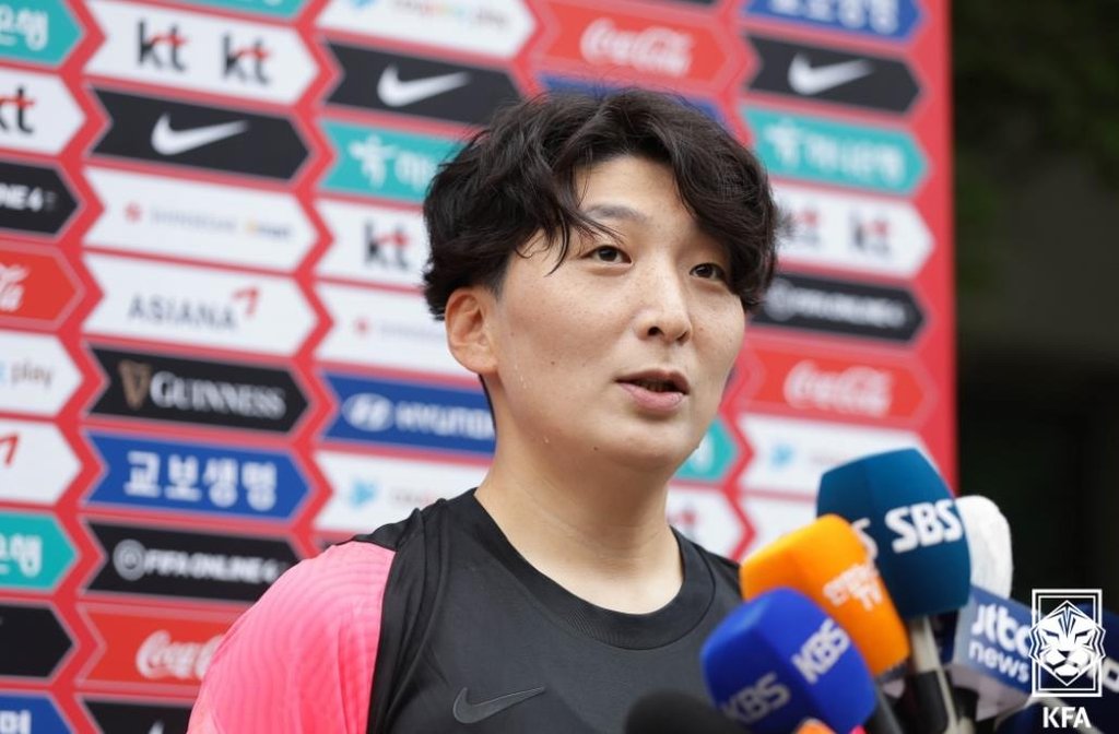 Park Eun-seon of the South Korean women's national football team speaks to reporters at the National Football Center in Paju, Gyeonggi Province, on July 6, 2022, in this photo provided by the Korea Football Association. (PHOTO NOT FOR SALE) (Yonhap)