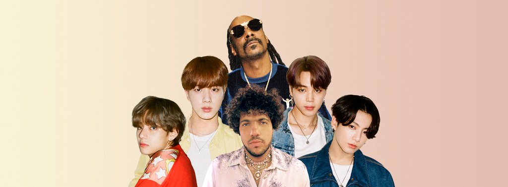 La imagen, proporcionada por Big Hit Music, muestra al productor y cantautor estadounidense Benny Blanco (centro, abajo), el rapero estadounidense Snoop Dogg (centro, arriba) y cuatro miembros de la sensación del K-pop BTS - V (izda., abajo), Jungkook (dcha., abajo), Jin (izda., 2ª fila) y Jimin-. (Prohibida su reventa y archivo)