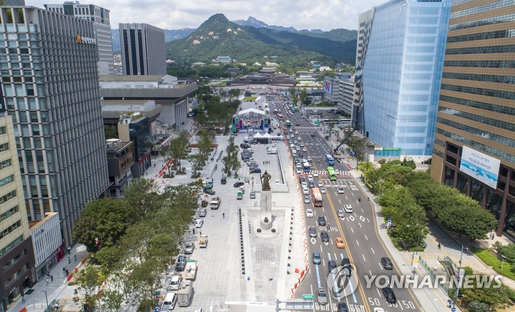 Preparations are under way for the reopening of Gwanghwamun Square in central Seoul, in this photo taken with a drone on Aug. 5, 2022. (Yonhap)