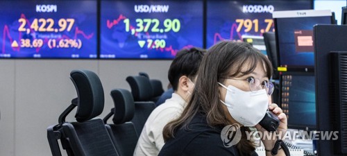 ハナ銀行本店のディーリングルームに取引時間中の株価指数や為替相場が表示されている＝１３日、ソウル（聯合ニュース）