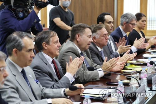 A group of Latin American nation ambassadors attends a meeting with South Korean Foreign Minister Park Jin (not shown in picture) at the foreign ministry office building in Seoul on Sept. 30, 2022. (Yonhap)