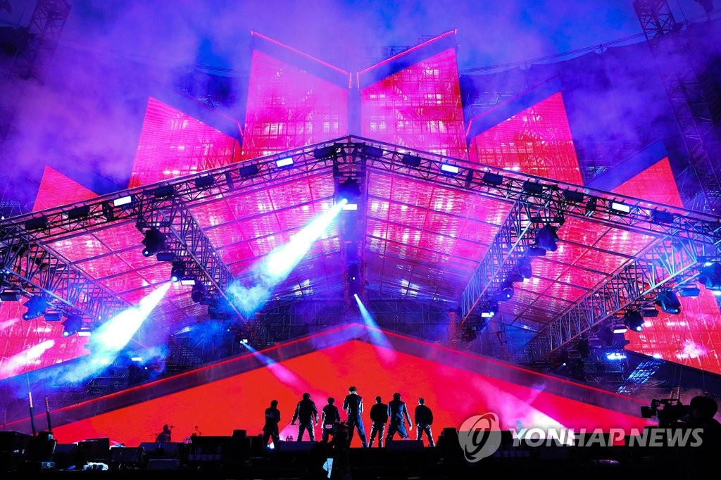 This image, provided by Big Hit Music, shows BTS at the concert titled "Yet To Come in Busan" at the Busan Asiad Main Stadium on Oct. 15, 2022. (PHOTO NOT FOR SALE) (Yonhap) 