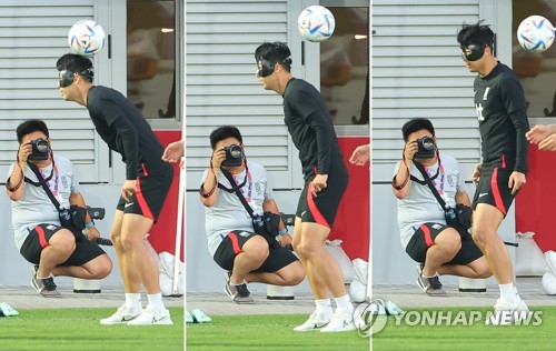 These composite photos show South Korean captain Son Heung-min heading the ball during a training session at Al Egla Training Site in Doha on Nov. 21, 2022. (Yonhap)