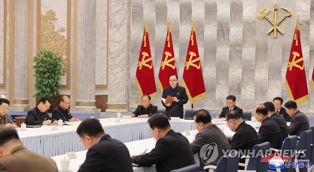 This photo, provided by North Korea's official Korean Central News Agency on Feb. 6, 2023, shows Jo Yong-won (standing), secretary of the ruling Workers' Party of Korea (WPK) for organization affairs, presiding over a meeting of the political bureau of the WPK's Central Committee in Pyongyang the previous day. (For Use Only in the Republic of Korea. No Redistribution) (Yonhap)
