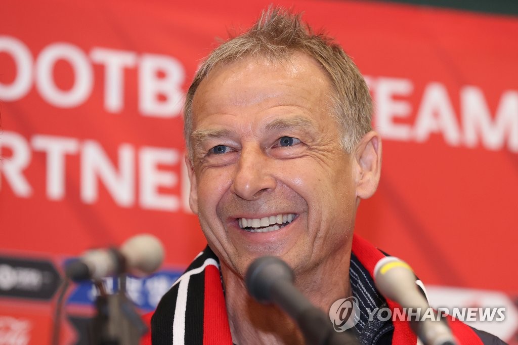 Jurgen Klinsmann, new head coach of the South Korean men's national football team, speaks to reporters at Incheon International Airport, west of Seoul, on March 8, 2023. (Yonhap)