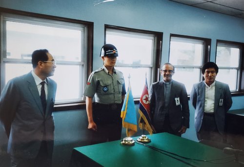 In this undated file photo, Bishop Rene Marie Albert Dupont (2nd from R) poses for a photo during his visit to the inter-Korean truce village of Panmunjom. (PHOTO NOT FOR SALE) (Yonhap)