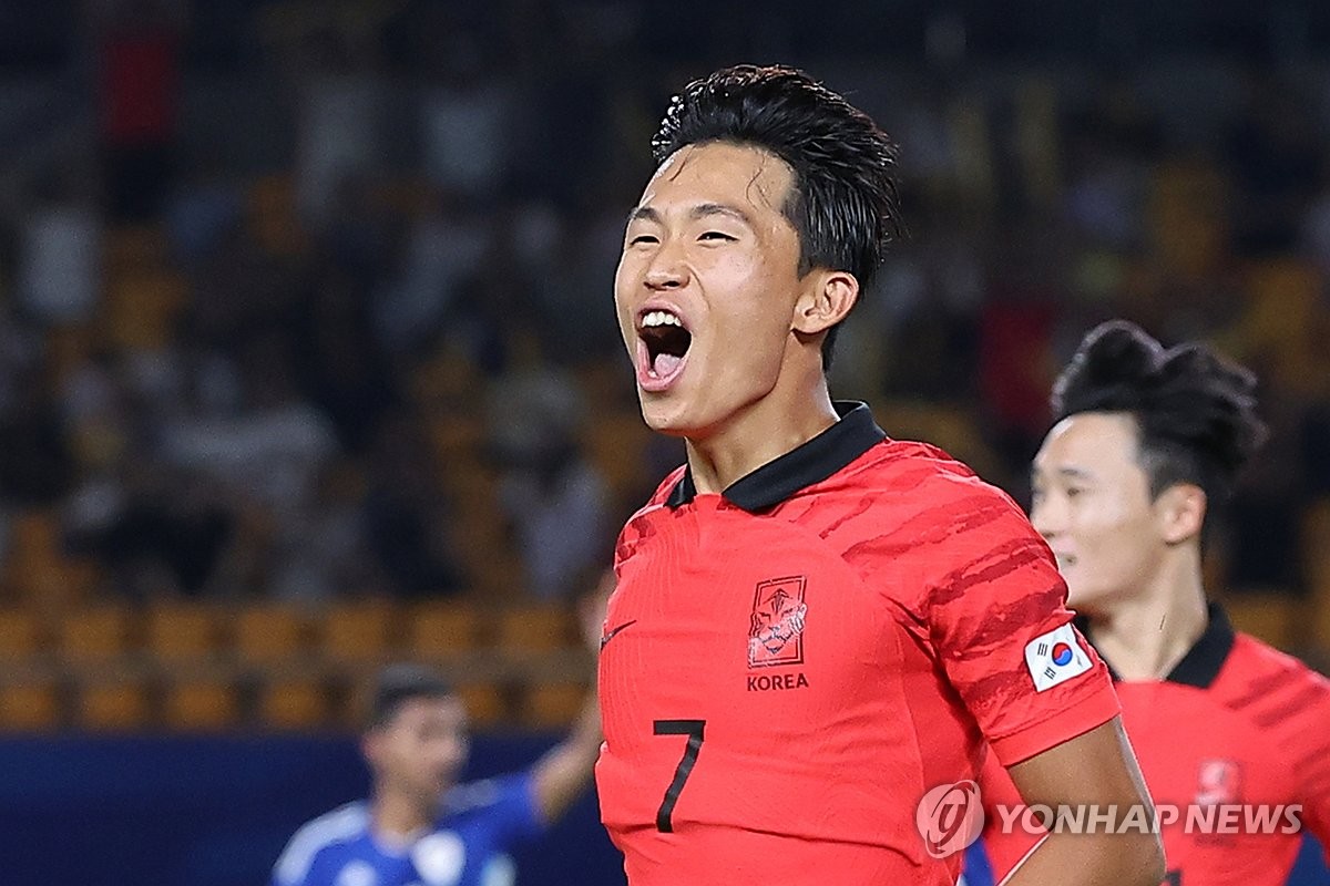 Jeong Woo-yeong of South Korea celebrates after scoring a goal against Kuwait during the teams' Group E match at the Asian Games at Jinhua Stadium in Jinhua, China, on Sept. 19, 2023. (Yonhap)