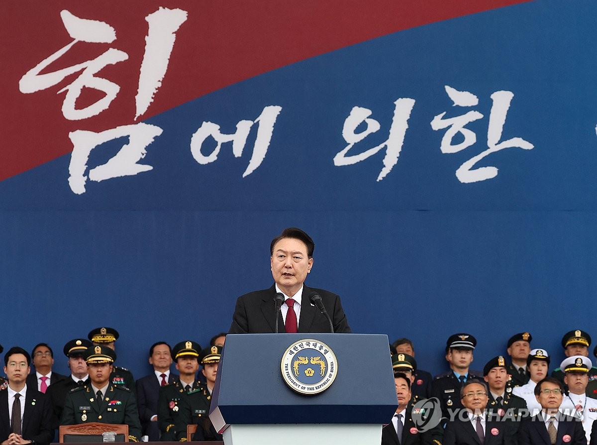 President Yoon Suk Yeol speaks during a ceremony to mark the 75th Armed Forces Day at Seoul Air Base in Seongnam, south of Seoul, on Sept. 26, 2023. (Yonhap)