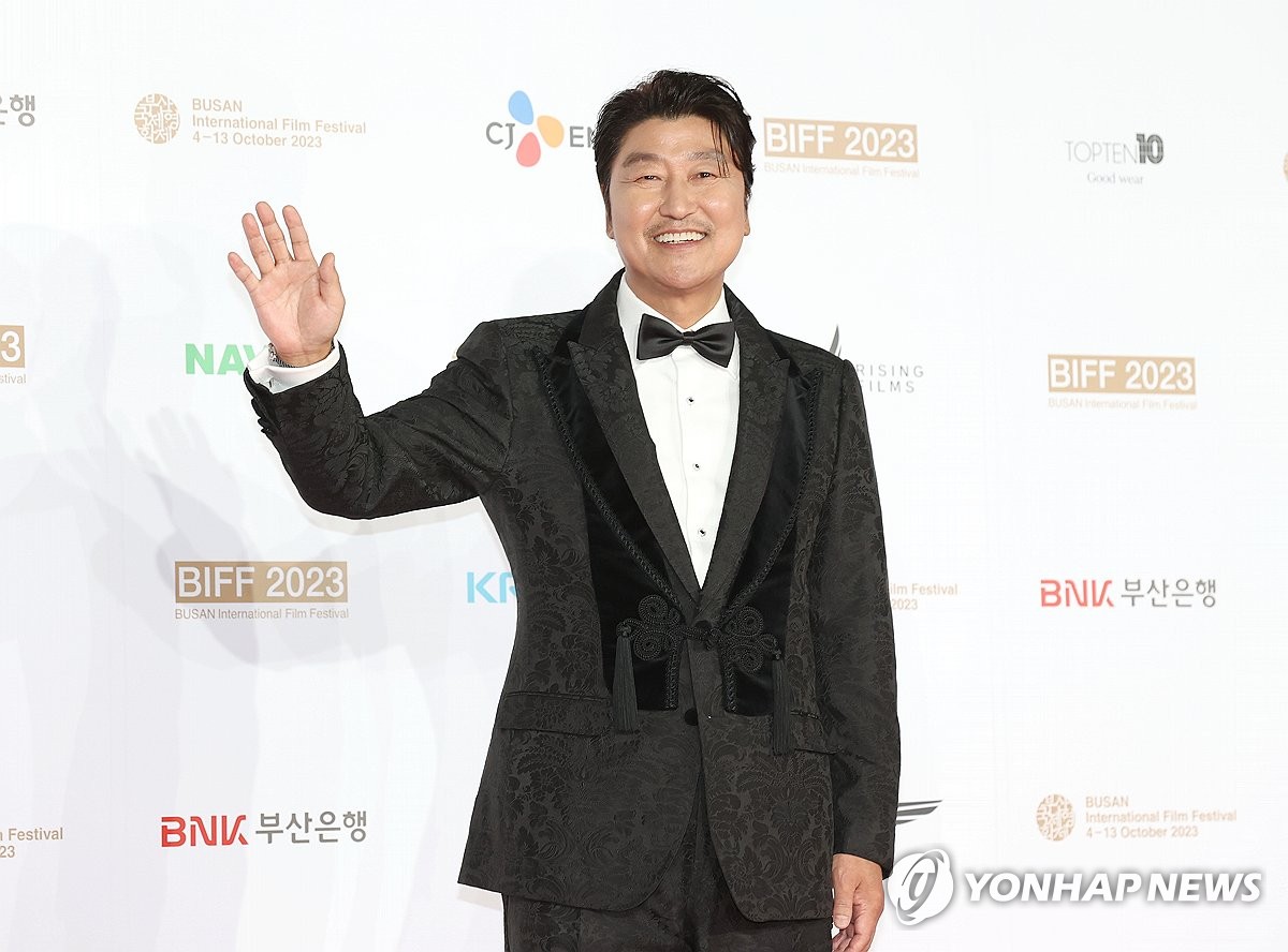 Veteran actor Song Kang-ho poses for a photo ahead of the opening ceremony for the Busan International Film Festival (BIFF) held at the Busan Cinema Center in the southeastern port city on Oct. 4, 2023. He will represent the 28th BIFF in various capacities to fill up leadership vacancy. (Yonhap)
